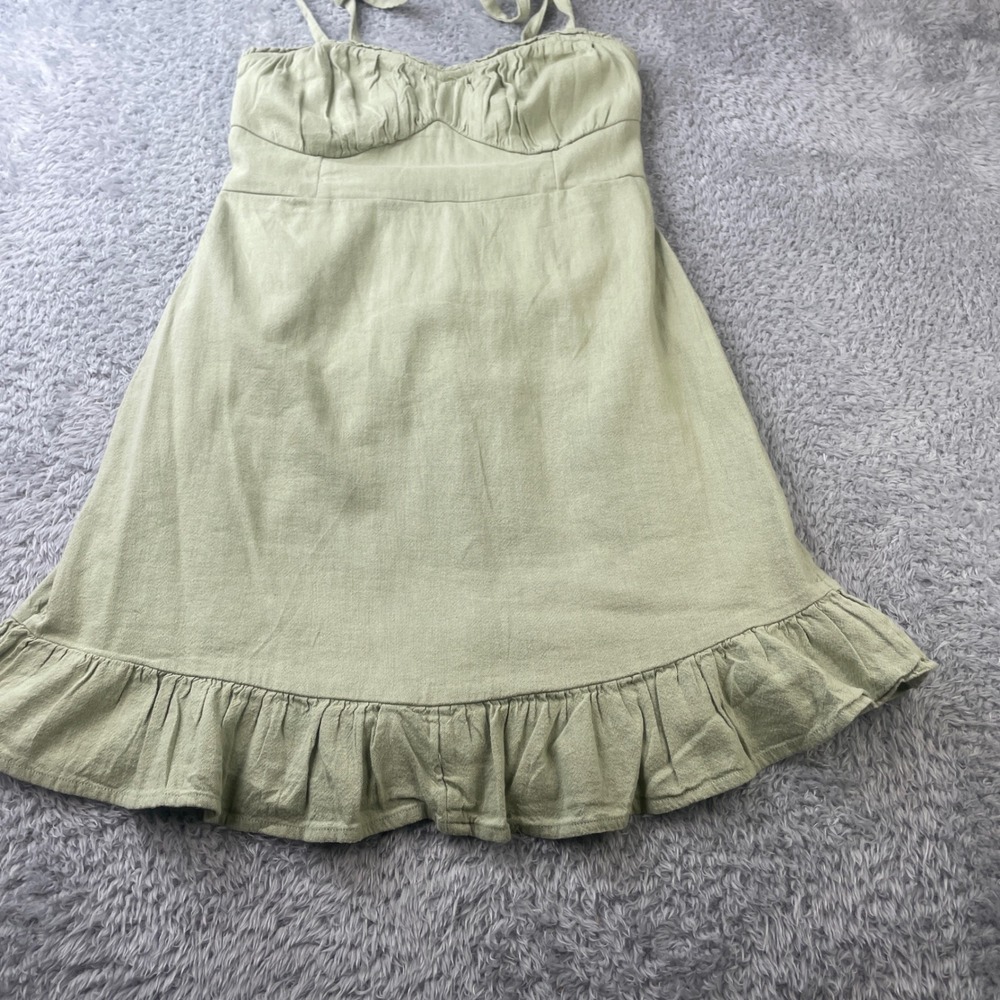 Hollister Mini Dress Women M Sage Smocked Tie Strap Milkmaiden Boho Linen Blend - Picture 3 of 7